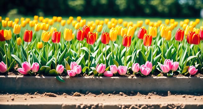 The image shows a field of colorful tulips growing in rows along a dirt path.