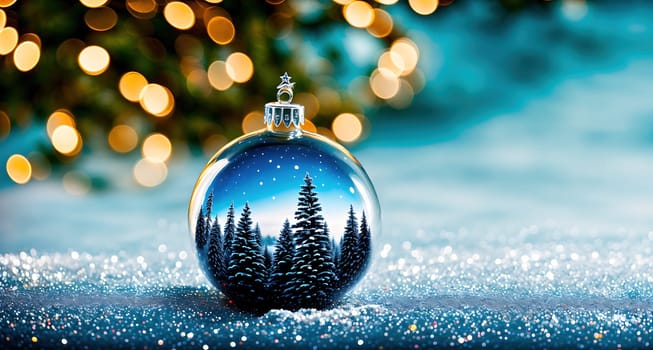 The image is a silver ornament with a snowy landscape in the background, with trees and a sun in the sky.