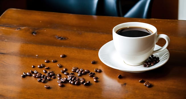 The image shows a white cup of coffee sitting on a wooden table surrounded by scattered coffee beans.