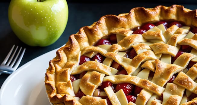 The image shows a slice of apple pie on a plate with a fork and knife next to it.