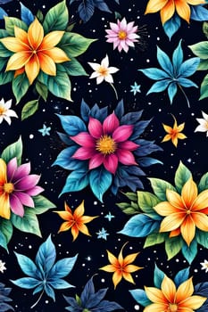 Striking, colorful flower painting with intricate details, vivid hues, beautifully contrasted against dark, black background. For interior design, textiles, clothing, gift wrapping, web design, print