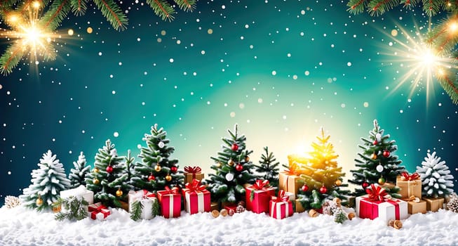 The image is a winter scene with a Christmas tree in the foreground surrounded by presents and snowflakes.