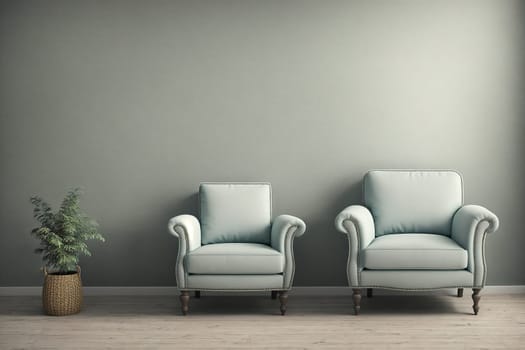 The image shows two white chairs facing each other in a room with a white wall and a plant in the corner.