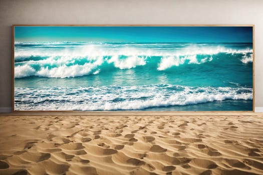 The image is a photograph of a large wave crashing against the shore on a sunny day.