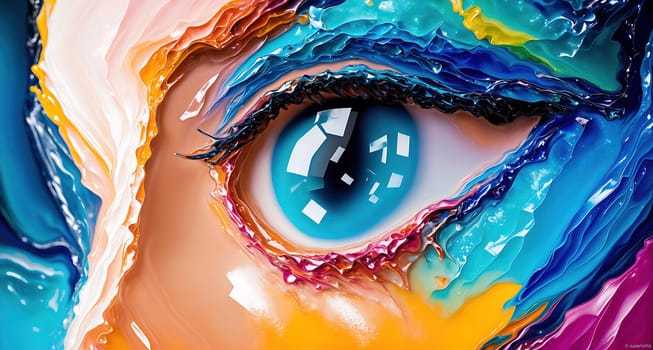 The image is a colorful and abstract representation of a womans face with vibrant, swirling colors and textures.