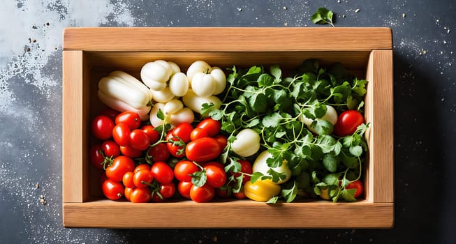 The image shows a wooden box filled with various types of vegetables, including tomatoes, lettuce, and herbs.