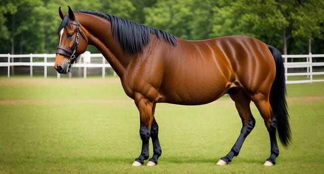 The image is of a brown horse standing in a field with a fence in the background.