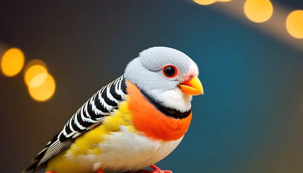 The image shows a small, colorful parakeet perched on a wooden ledge with its beak open and looking directly at the camera.
