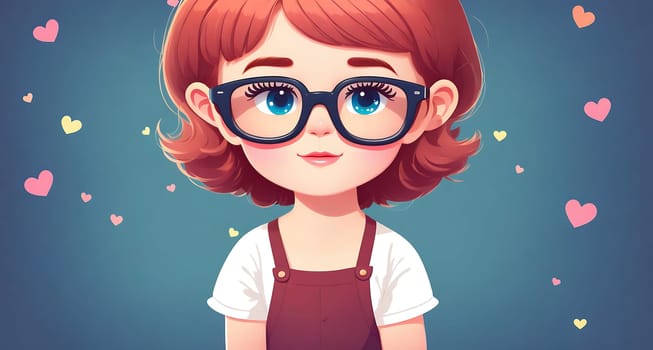 The image shows a young girl wearing glasses and a white shirt, standing in front of a pink background with hearts floating around her.