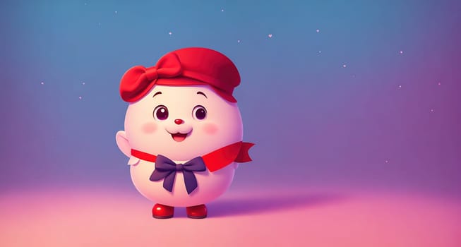 The image is of a cartoon character wearing a red bow and standing in front of a pink background.