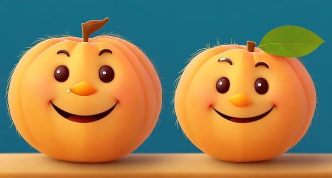 The image shows two cartoon pumpkins with smiling faces and leaves on their heads.