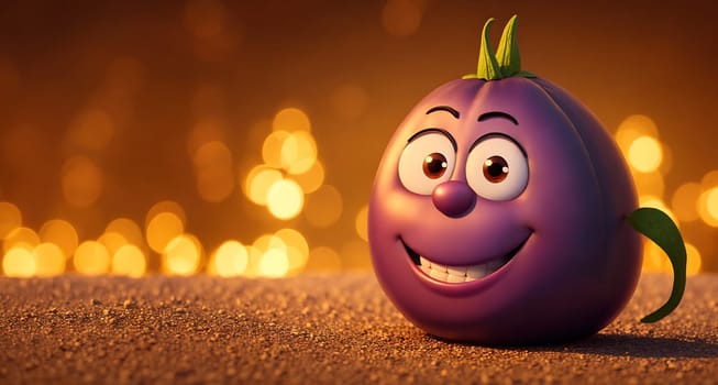 The image is a cartoon character with a smiling face and a green body, standing on a sandy beach at sunset.