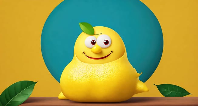 The image shows a yellow lemon sitting on a wooden shelf with leaves and branches around it.