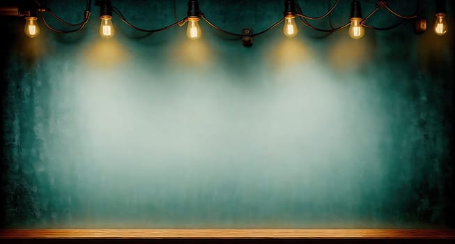 The image is a dimly lit room with a wooden floor, walls, and ceiling, and a string of lights hanging from the ceiling.