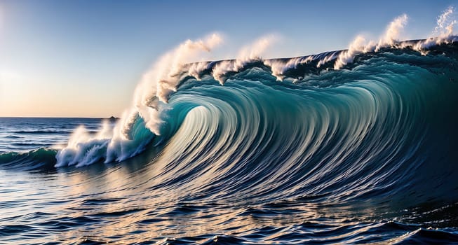 The image shows a large wave crashing against the shore on a sunny day, with the sun setting in the background.