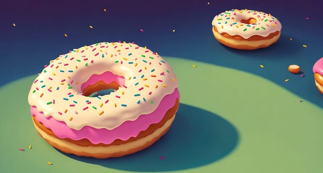 The image shows a group of donuts floating in the air, with sprinkles on top of them.