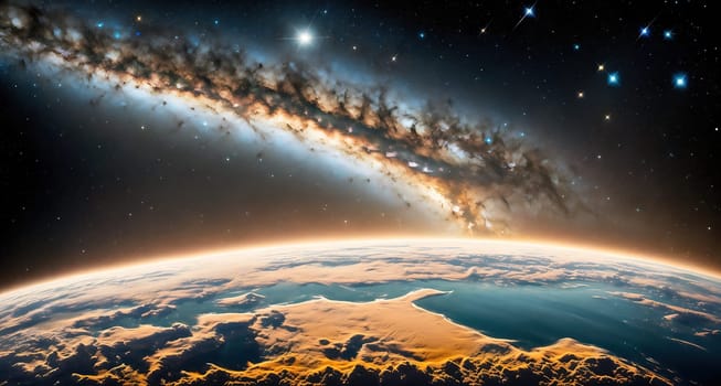 The image depicts a stunning view of the Earth from space, with the stars shining brightly in the sky above it.
