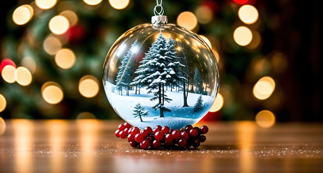 The image is a clear glass ornament hanging from a string, with a winter scene depicted inside, including snow covered trees and a cabin in the distance.