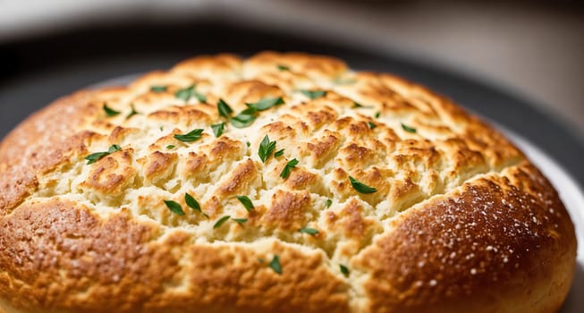 The image is a round, fluffy white bread roll with green herbs on top.
