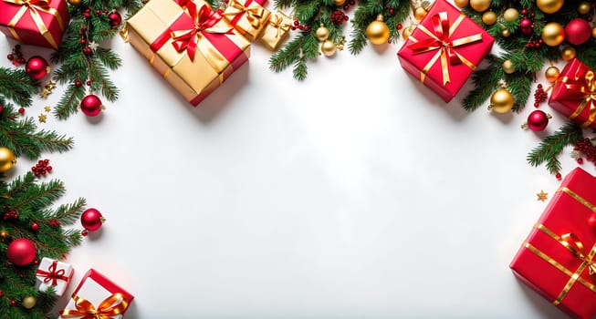The image is a festive holiday scene with red and green gift boxes and evergreen branches hanging from the top of the image.