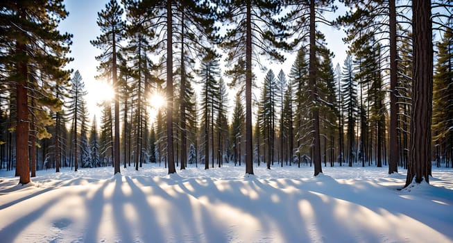 The image shows a snowy forest with tall pine trees in the background and a path leading through the snow in the foreground.