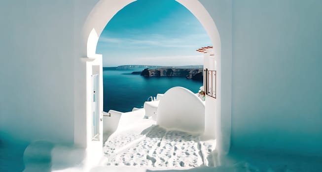 The image shows a white building with a blue sky and a view of the ocean in the background.
