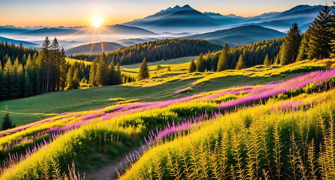 The image depicts a serene mountain landscape with lush green grass and wildflowers in the foreground, while the sun sets in the background, casting a warm glow over the scene.