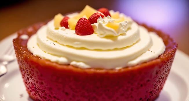 The image is a close-up of a cupcake with white frosting and strawberries on top.