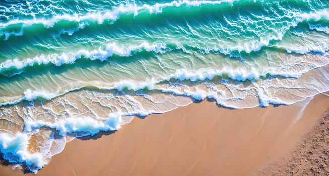 The image is a photograph of a beach with waves crashing against the shore.