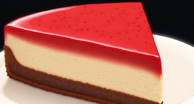 The image is a slice of cheesecake with a pink glaze on top.