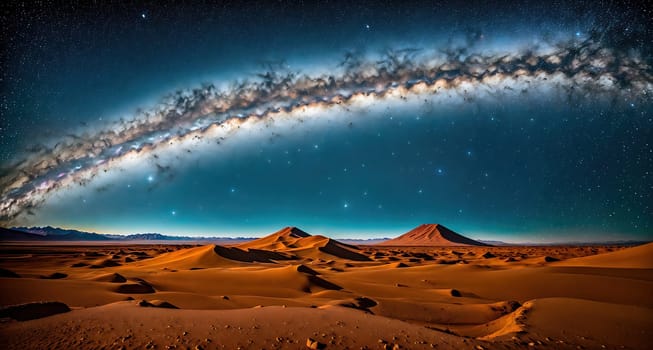 The image shows a vast desert landscape with a large, bright star in the sky, surrounded by mountains in the distance.
