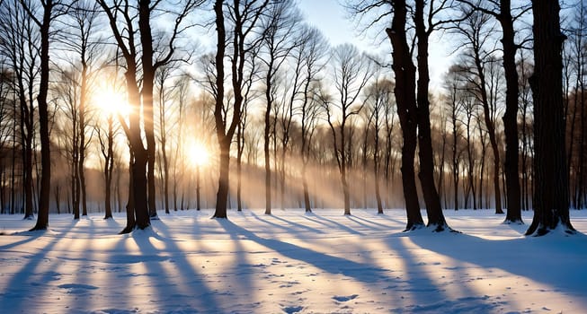 The image shows a winter scene with snow covered trees and a sunny sky in the background.