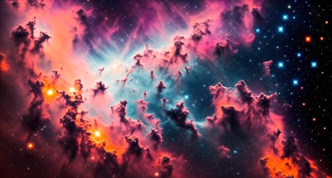 The image is a stunning view of a nebula in space, with swirling clouds of gas and stars shining brightly in the background.