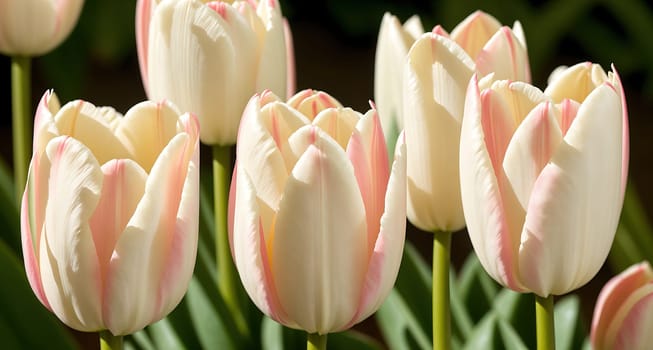 The image shows a group of white tulips in a field with green grass and a clear blue sky in the background.