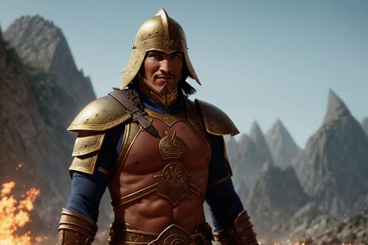 The image shows a man wearing armor and standing in front of a mountain range, with flames burning in the background.