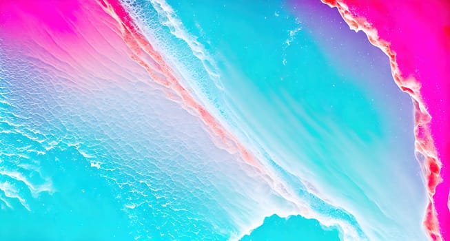 The image is a pink and blue abstract painting with swirling shapes and lines.