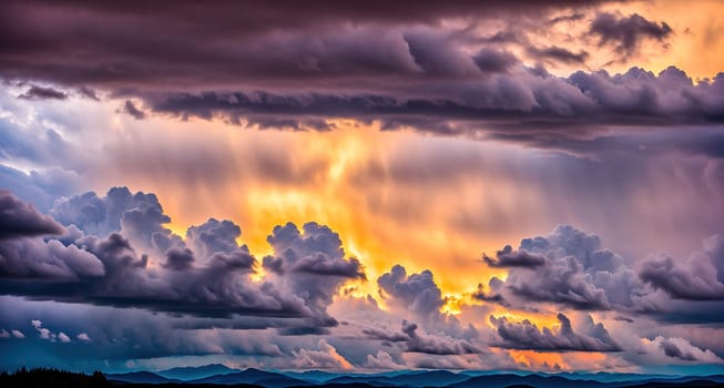 The image depicts a beautiful sunset over a mountain range, with clouds in the sky and trees in the foreground.