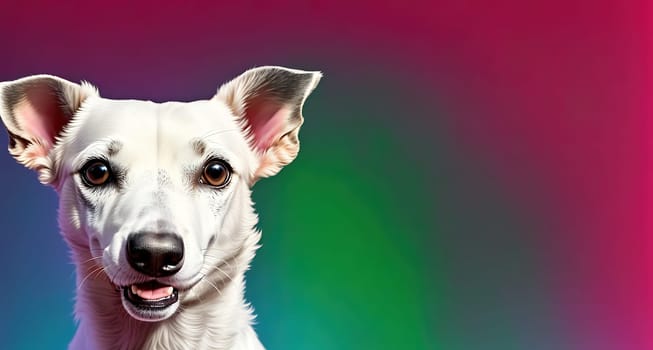 The image shows a white dog with a pink nose and blue eyes looking directly at the camera with a friendly expression on its face.