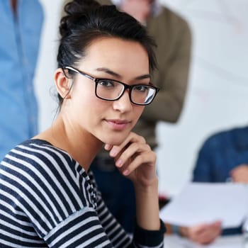 Woman, portrait and meeting at startup for ideas, creative brainstorming with teamwork or workshop. Planning, vision and design project pitch with collaboration at digital agency or media company.