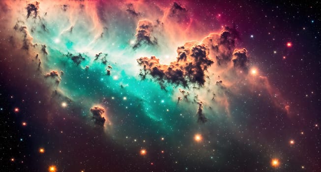 The image is a colorful, stylized depiction of a nebula, with swirling clouds of gas and dust set against a dark background.