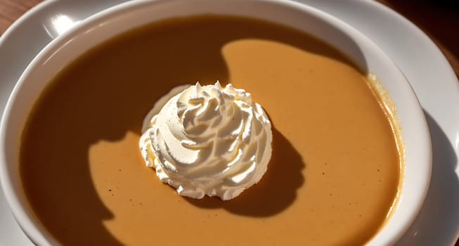 The image is a white bowl filled with a creamy sauce and topped with a dollop of whipped cream.