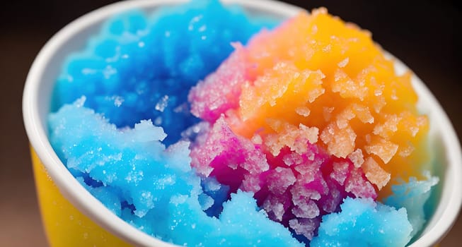 The image is a colorful and creamy ice cream sundae in a yellow cup with sprinkles on top.