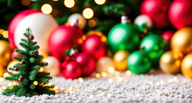 The image shows a small Christmas tree with ornaments hanging from its branches, surrounded by colorful balloons and a white background.