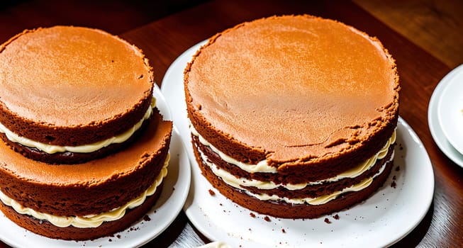 The image shows a stack of three chocolate cakes with white frosting on top.
