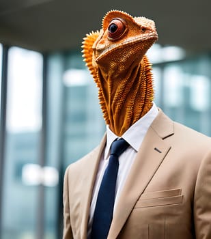 The image shows a man in a suit and tie standing in front of a window with an iguana on his shoulder.
