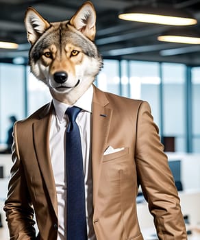 The image shows a man wearing a suit and tie standing in front of a window with a wolfs head on his shoulder.
