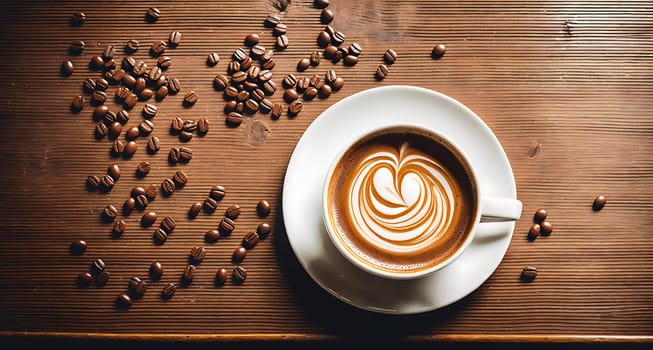 The image shows a white cup of coffee with a heart shape made out of foam on top, surrounded by scattered coffee beans on a wooden surface.