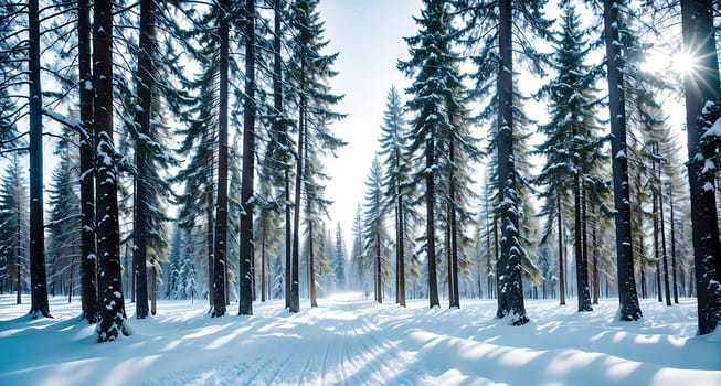 The image shows a snowy forest with tall pine trees in the background and a path leading through the snow.