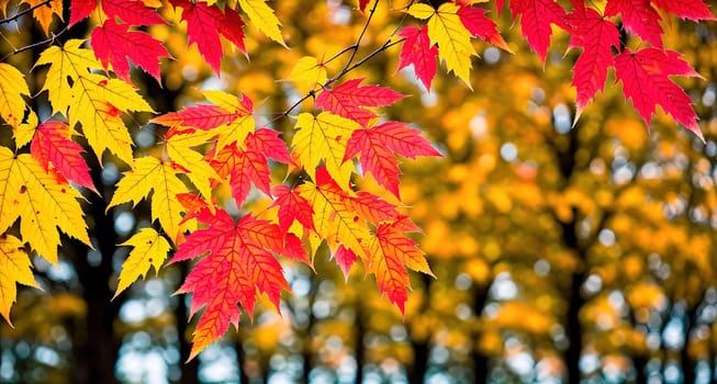 The image shows a group of red and yellow leaves hanging from a tree in a forest.