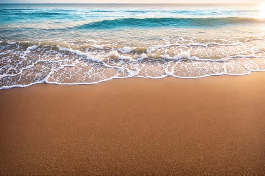 The image shows a beautiful beach with clear blue water and white sand.